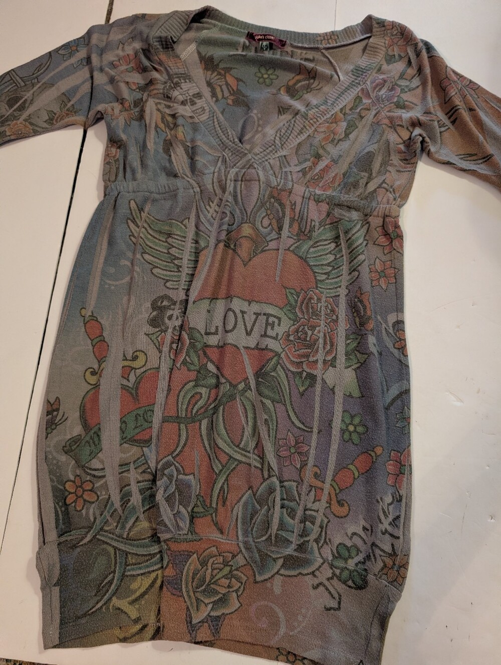 Julie's Closet Grey Knit Shirt Dress with Multicolor Floral Print Sz Medium